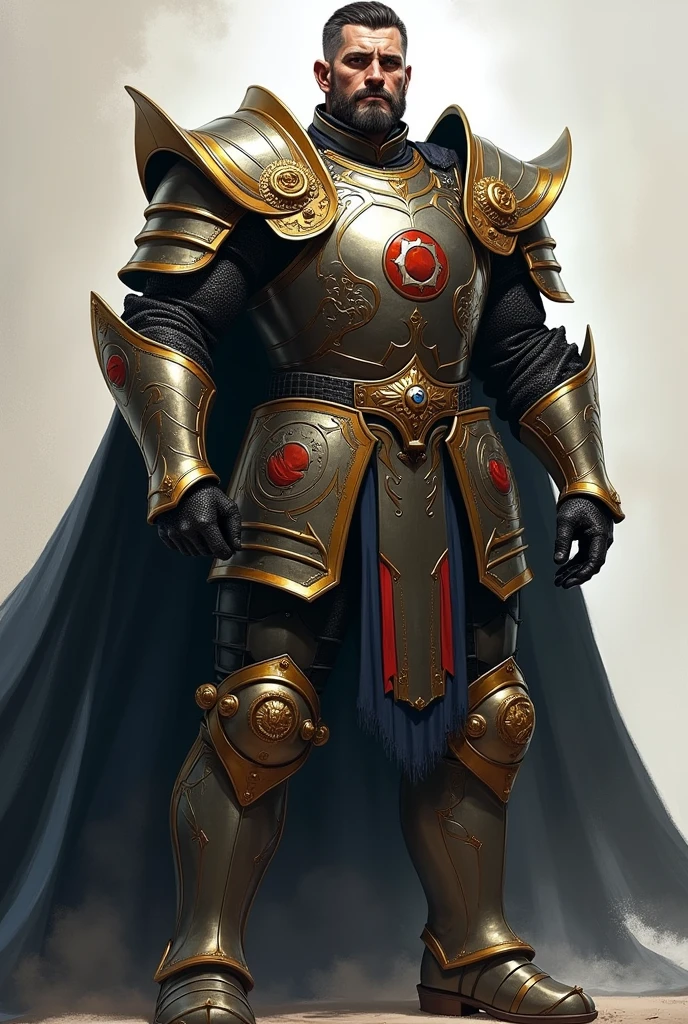 Prince Magnus is a towering figure, standing well over six feet tall with a muscular, battle-hardened physique. His presence is commanding, with a chiseled face that bears the scars of many battles. His hair is dark and cropped short, with streaks of gray at the temples, and his piercing blue eyes reflect both the intensity of a seasoned warrior and the wisdom of a battle-tested leader. He is often seen in his ceremonial armor, which is both functional and ornate, symbolizing his status as the "Hero of the Empire." The armor is emblazoned with the imperial crest and honors from his many campaigns, including a cape that flows behind him as he moves.