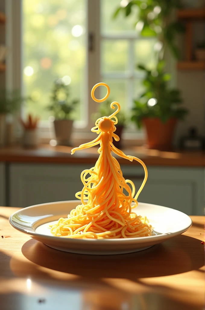" A whimsical miniature figure composed of delicately arranged noodles , poised in a carefree dance on the rim of a plate , white shiny plate , set on a table , vibrant kitchen backdrop, where dappled sunlight filters through the canopy above, casting intricate shadows. The overall aesthetic is ethereal, with warm, earthy tones of sienna, umber, infused with hints of emerald and golden light, evoking a sense of wonder and enchantment , as if plucked from a fantastical realm.