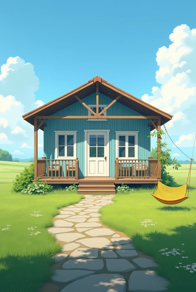 a single-storey house, This house is not made of wood, at the field, painted blue with white doors and windows, an L-shaped balcony, low money on the ground with a stone path, yellow swing nets 