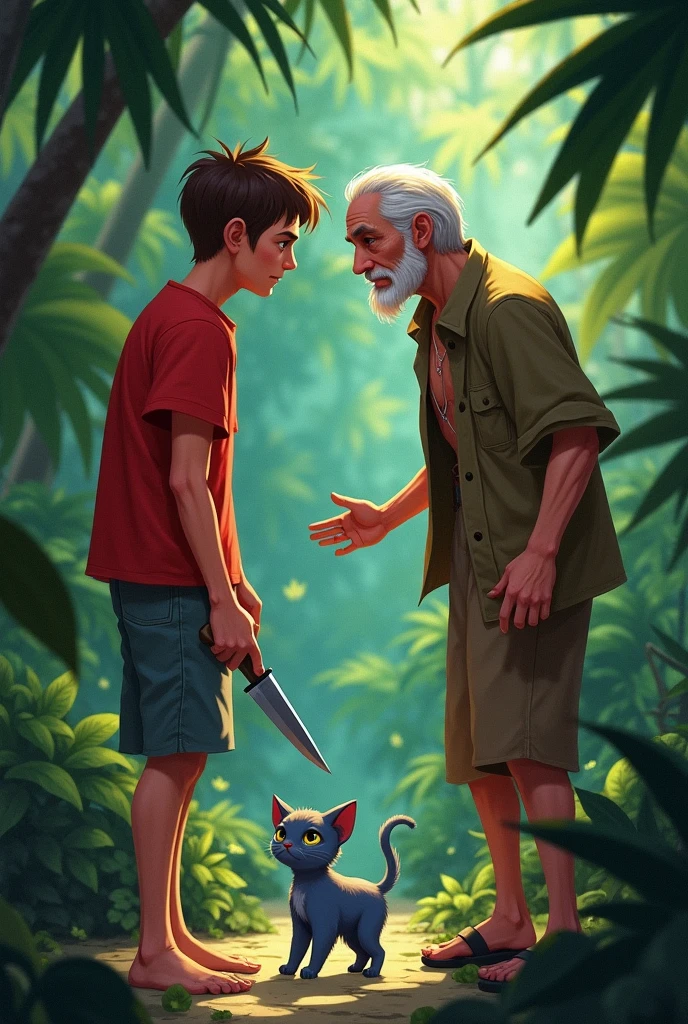 One day a young man with brown short hair in red t-shirts wants to kill a little cute blue kitten with his knife in the jungle a poor old man with small French beard in Brown clothes come and Young man hurts the old man ai image