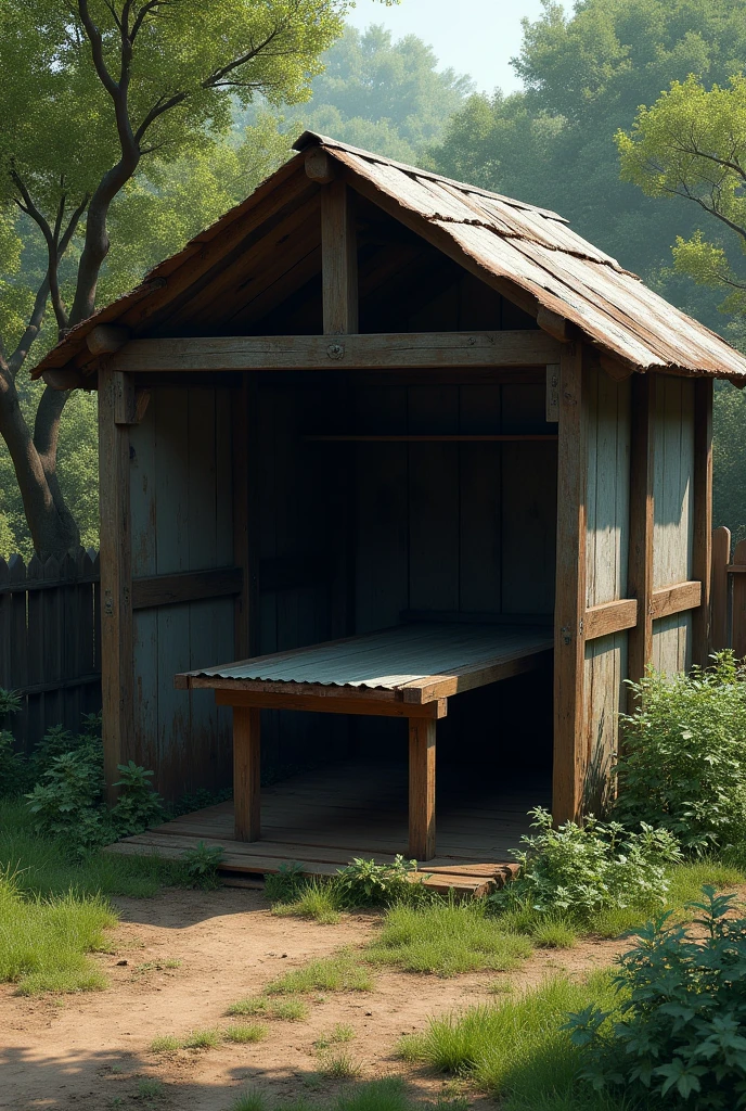 A shed with a iroonsheet and has a table with iroonsheet 
