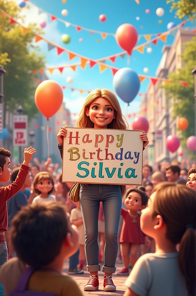 A demonstration of people with signs saying Happy Birthday Silvia