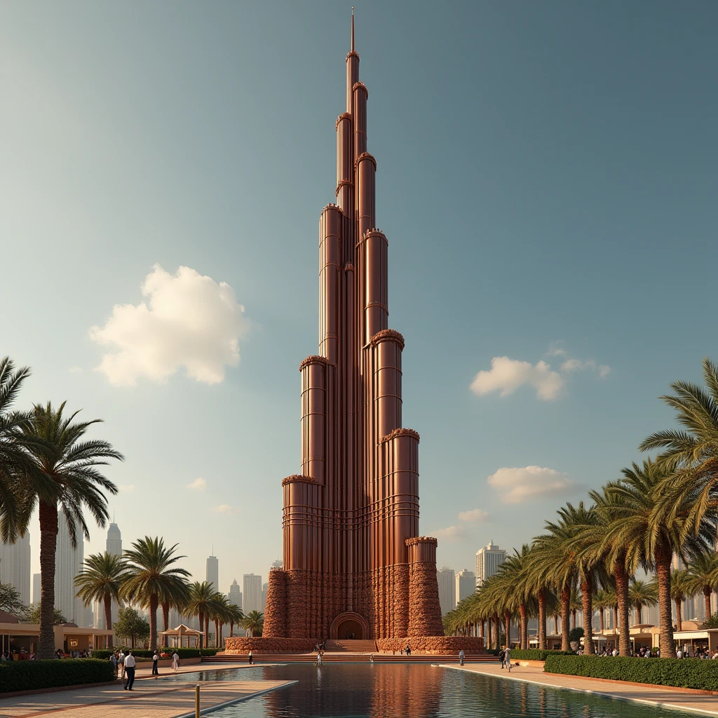 Visualize the Burj Khalifa as a sleek, towering chocolate sculpture, filled with layers of exotic Middle Eastern flavors like saffron and pistachio, standing tall with a glossy mirror glaze to reflect the sky.