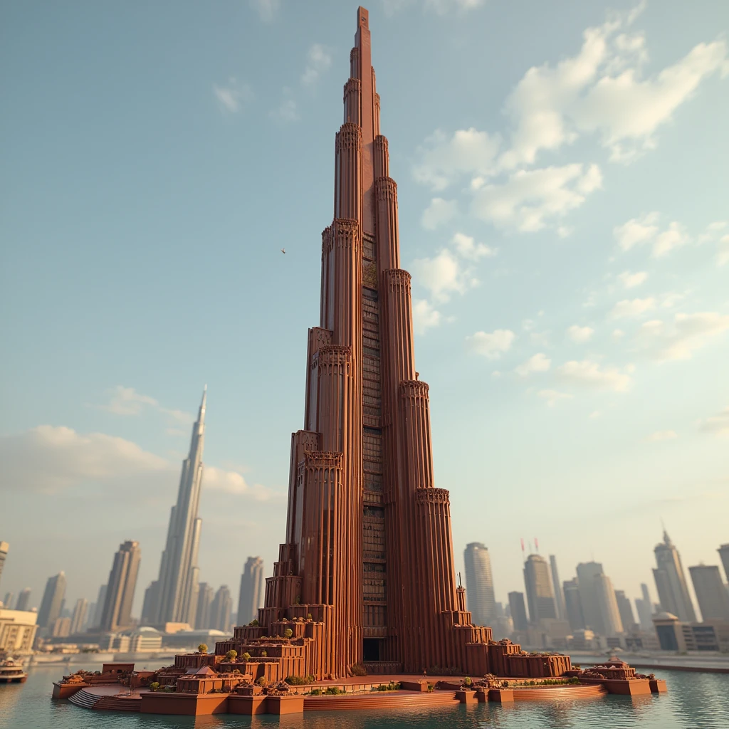 Visualize the Burj Khalifa as a sleek, towering chocolate sculpture, filled with layers of exotic Middle Eastern flavors like saffron and pistachio, standing tall with a glossy mirror glaze to reflect the sky.