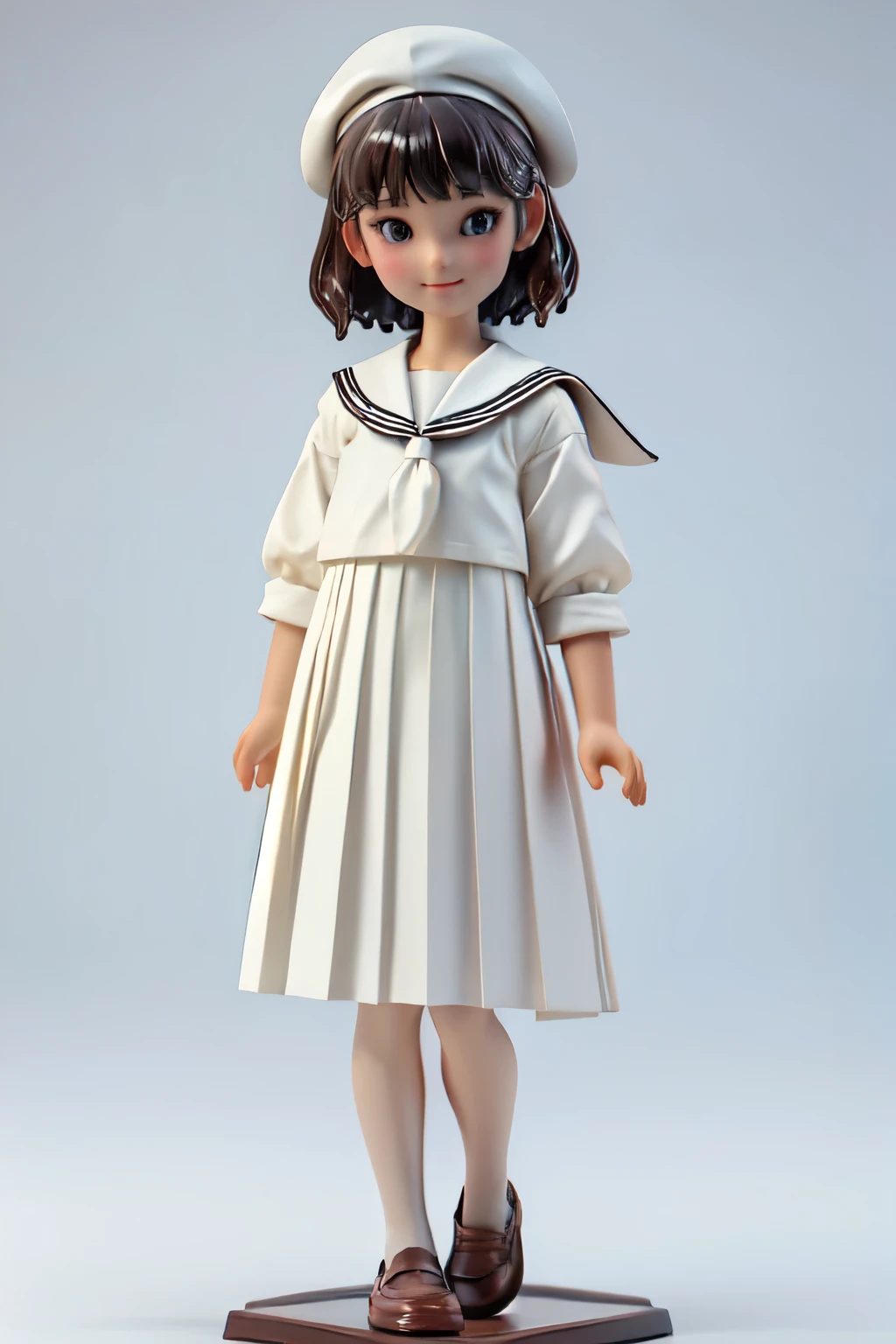 (Porcelain Doll)、(Ceramic figure)、(One girl、high school student)、(natural standing posture)、(Show your whole body)、(Smaller head:1.2)、Detailed facial depiction、A kind smile、Short Hair、White Beret、(White Sailor Suit Dress)、Dark green sailor collar、(White long skirt)、Pleated skirt、shoes、loafers、Vintage、Classic、((Watercolor of singer Sargent))、Impressionist style painting、Blur the background、((No background))、((A plain background))、((White Background))、(No logo)、(Highest quality、High resolution、masterpiece)、3d、4K、wallpaper、