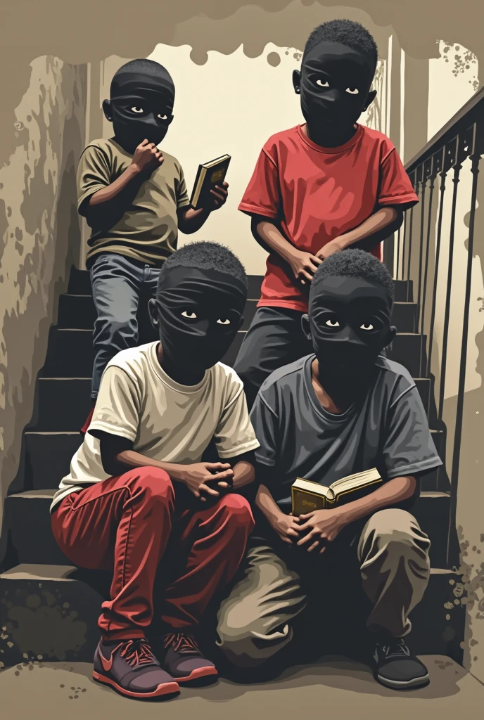 Draw a stencil shape of four children on a staircase, where two are standing, two sitting, all wearing a shirt covering their face and pointing books as if they were weapons, looking like bandits from the favelas of Rio de Janeiro. The books must be closed and the children holding them as if they were pulling the trigger of the gun.