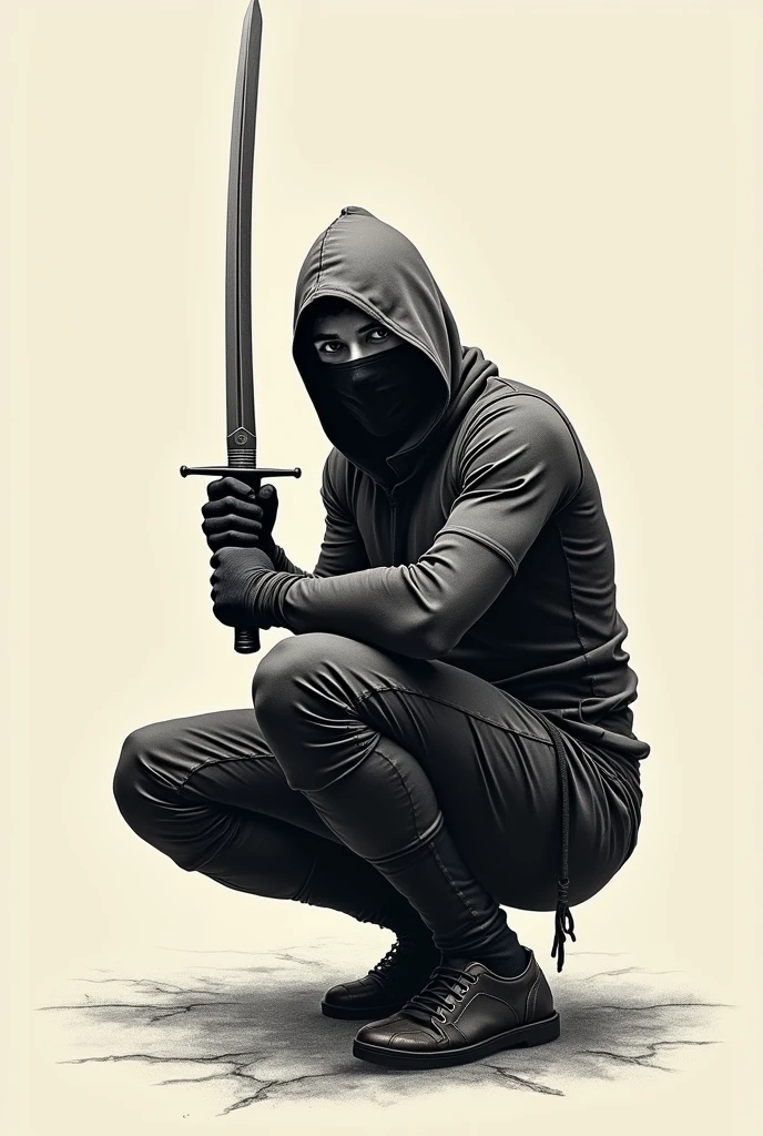 Tattoo design of a crouching ninja on one foot and his sword in front of his face
