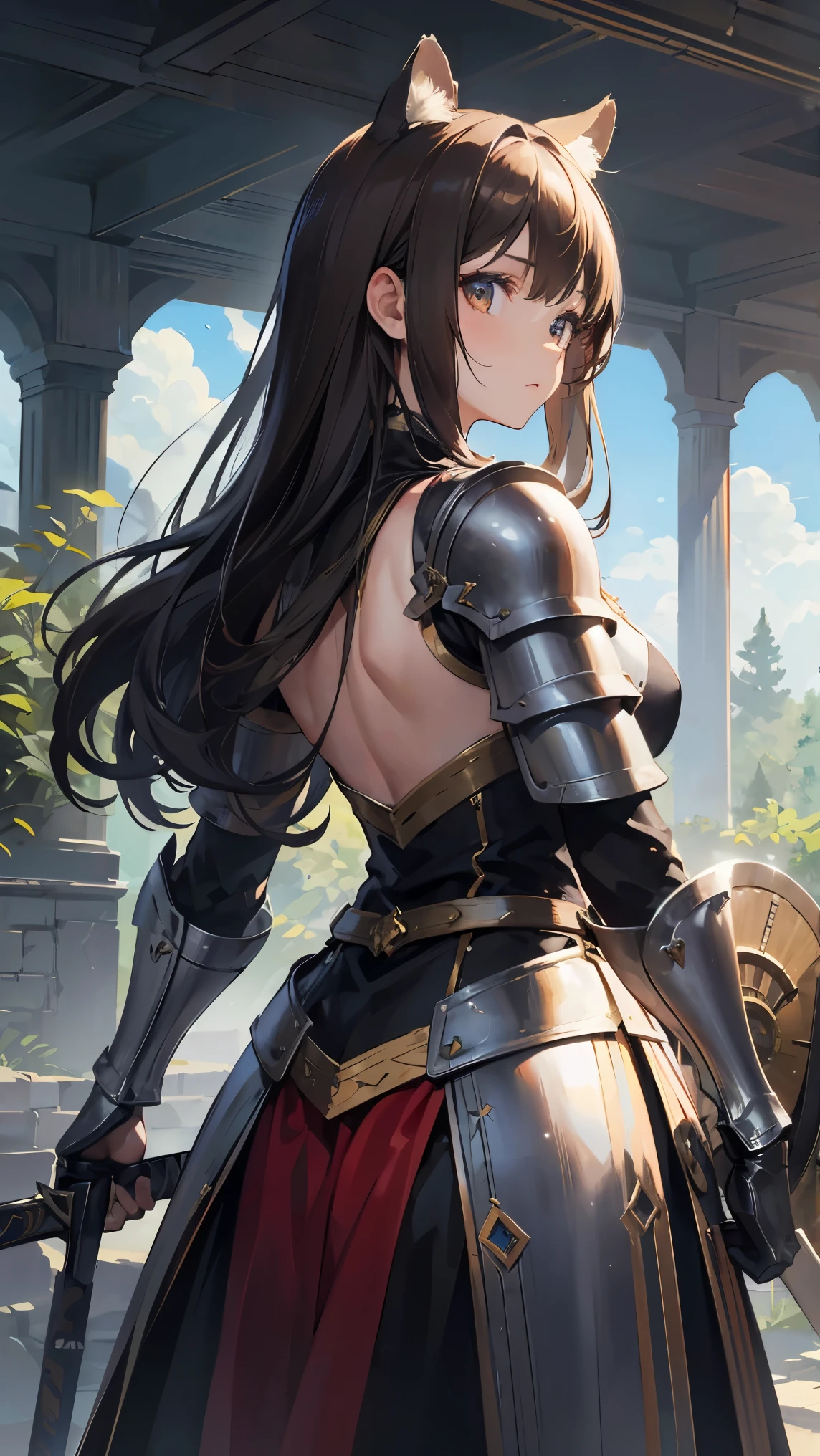 ray tracing, masterpiece, accurate, high details, high quality, best quality, award winning, A young female knight with raccoon ears, dressed in gleaming armor that combines elegance with practicality. Her long brown hair flows down her back, framing her face with a determined expression. The armor is intricately designed, reflecting her noble status, with subtle details that hint at her connection to nature. The setting is a medieval fantasy world, with a backdrop of a dense forest or an ancient castle. Her posture is strong and confident, holding a sword or shield, ready to protect her kingdom. The overall atmosphere is one of bravery, mystery, and a touch of magical realism.