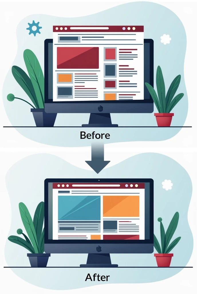 Create a two-panel comparison image for a website video. The left panel, labeled 'Before,' should show a webpage with inconsistent visuals—mixed styles, clashing colors, and low-quality images. The images and videos should look out of place or irrelevant to the content, giving the site an unprofessional and distracting appearance.The right panel, labeled 'After,' should depict a cohesive and polished webpage with consistent visual style. The images and videos should be high-quality, relevant to the content, and harmonize in color and tone. The overall look should be professional, visually appealing, and engaging, creating a strong, unified aesthetic."