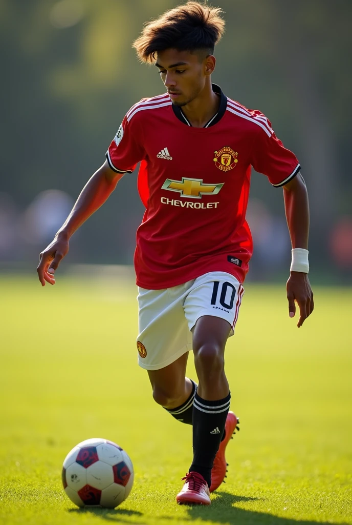  skinny wearing Real Mansherter shirt, called Durjoy, with the number 10, playing football.
INFO
