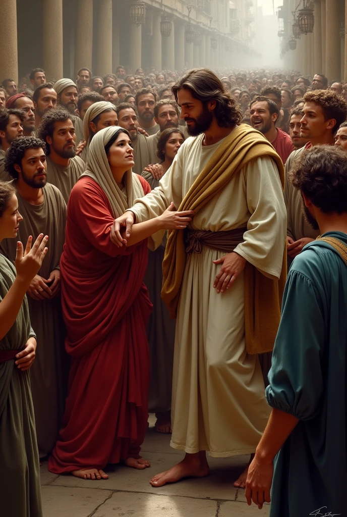 The woman with the issue of blood overcoming the crowd to touch Jesus&#39; hem 