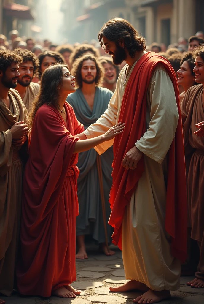 The woman with the issue of blood overcoming the crowd to touch Jesus' hem