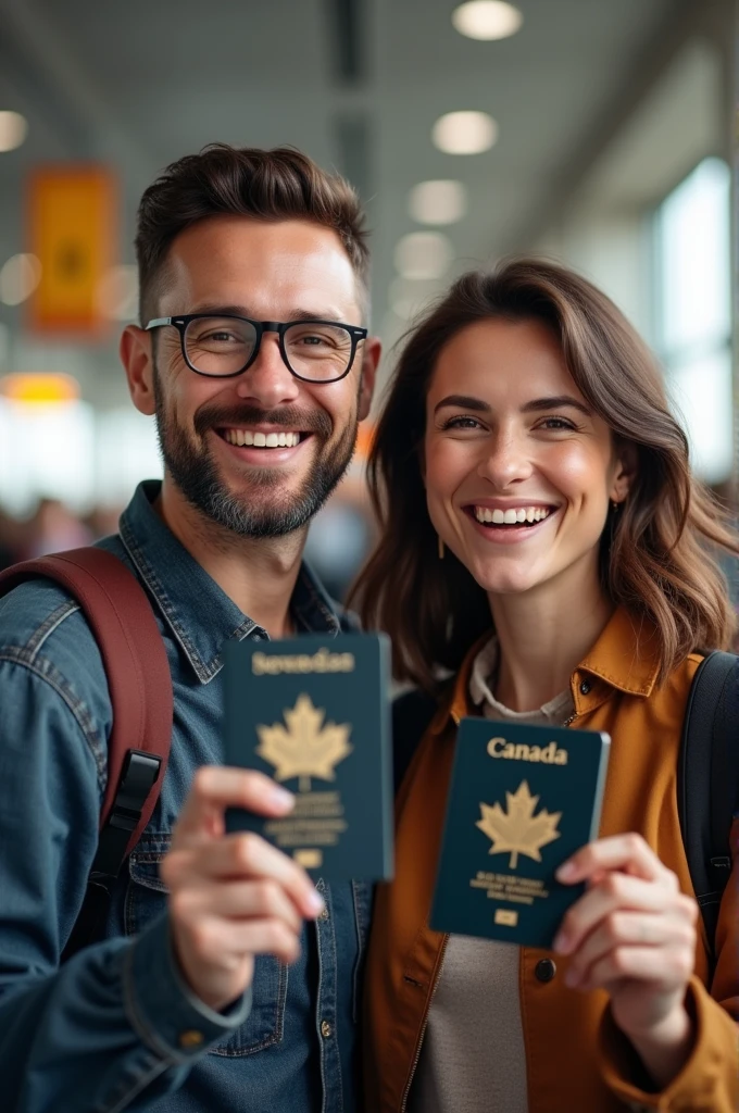 Create an image showing a man and a woman happy to have arrived in Canada with their passports in hand