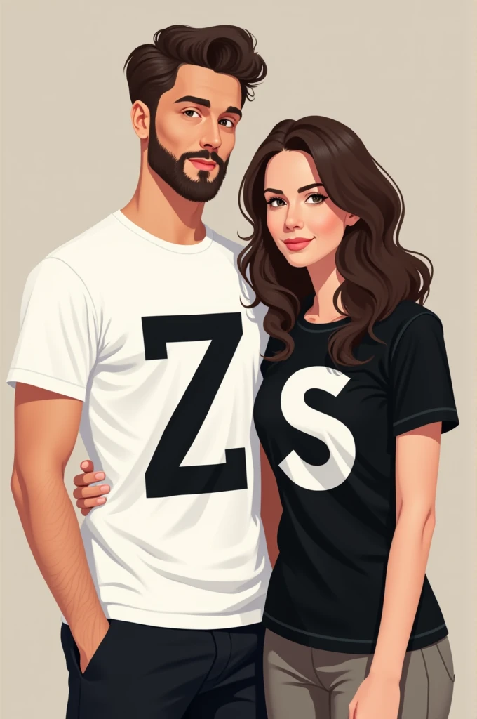 A man wear a white t shirt of z letter with a girl who has wear a black t shirt with s 