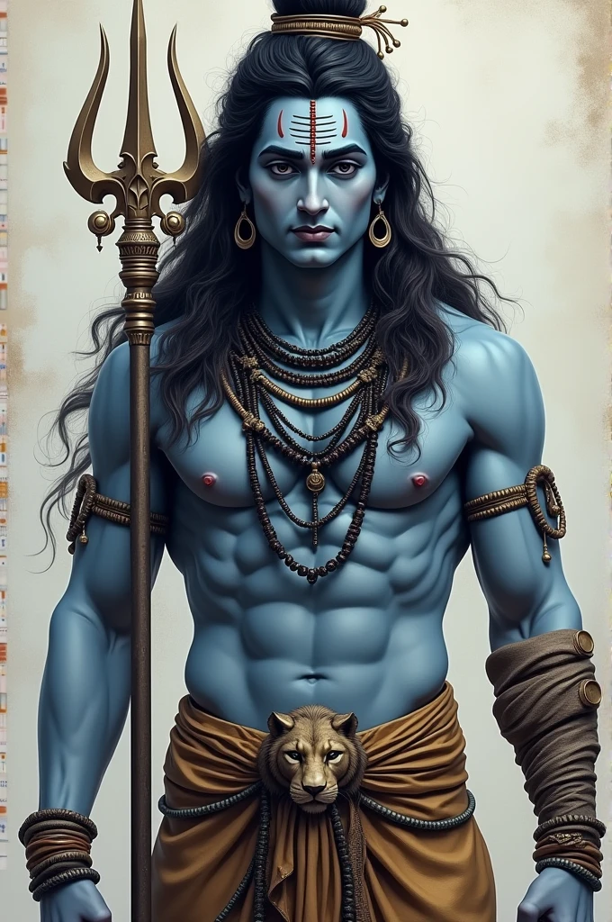 Lord Shiva has a calm and serene expression with eyes that reflect tranquility. His throat is blue, like Neelkanth, while the rest of his body has the complexion of a typical Indian. His face exudes beauty and calmness, with eyes that captivate and make it hard to look away. He possesses a masculine appearance, with visible veins on his arms. He holds a trident in his hand. His body bears a few scars. His hair is long and matted (Jataa Dhari), and there are three horizontal lines (Tilak) on his forehead. He wears a lion's skin, with a Rudraksha mala wrapped around his arm and another Rudraksha mala adorning his neck.