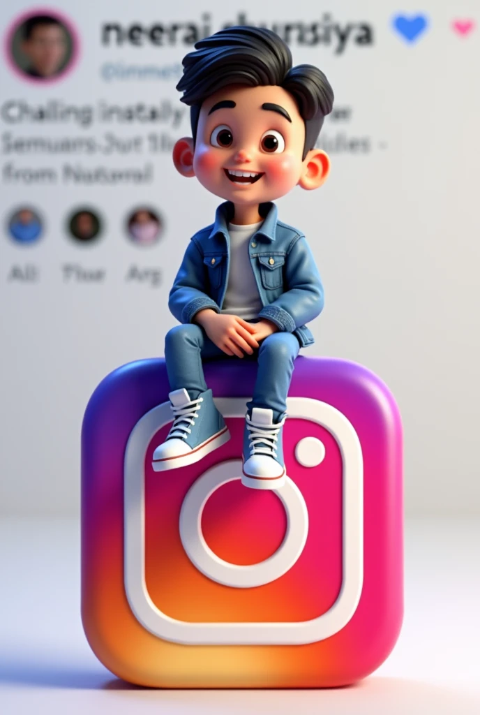 Create a 3D illustration of an animated character sitting casually on top of a social media logo "Instagram". The character must wear casual modern clothing such as jeans jacket and sneakers shoes. The background of the image is a social media profile page with a user name "Neeraj chourasiya" and a profile picture that match
