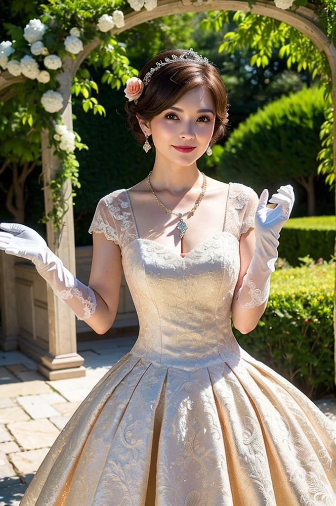 ((Masterpiece)), ((Best Quality)), A middle-aged short-hair woman, ((She is wearing an ornamental short length wedding dress)), She is wearing gloves on her hands., outdoor, She is wearing a big necklace, She is in a garden.