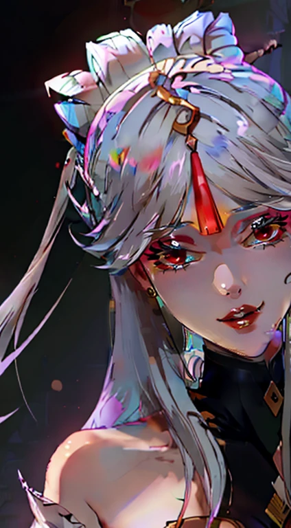 (Extremely detailed CG unity 8k wallpaper,masterpiece, best quality, Extremely detailed),(Optimal lighting, Best shadow, Extremely delicate and beautiful), floating, High Saturation,
Dynamic Angle, ((1 Girl)), Gorgeous, Ningguang \(Genshin Impact\),
White hair, Red Eyes, Very long hair,  Hair accessories, Bangs