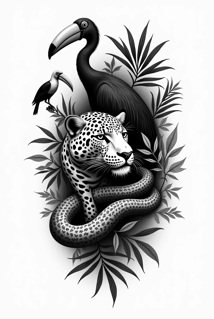 10cm black tattoo design with a Pantanal theme and a jaguar, Tucano, tuiuiú and anaconda