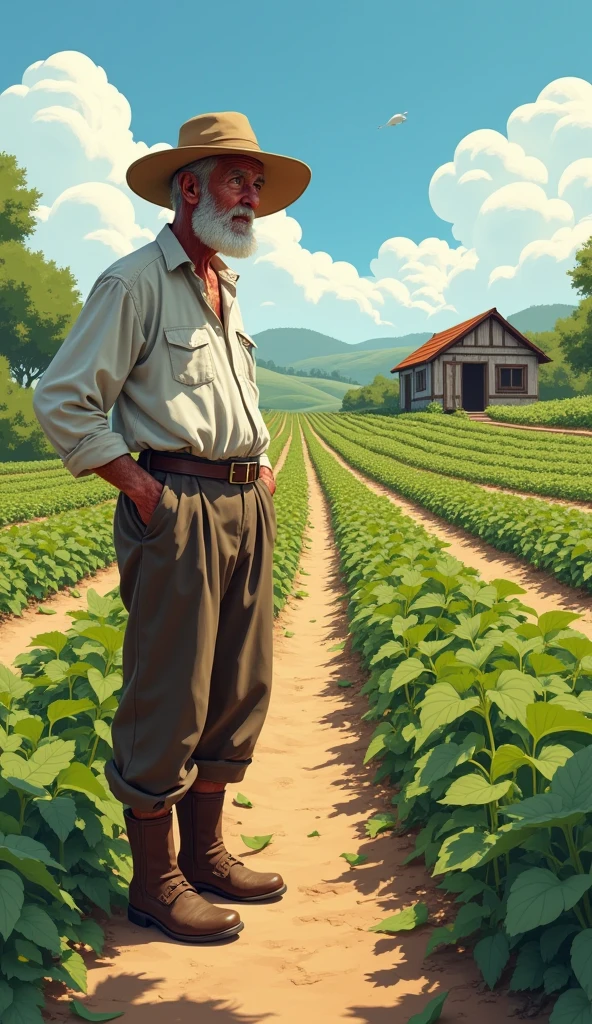 The scene shows a man looking at his plantation, small and modest. This man wears a white shirt, brown pants, brown boots and a brown hat.He is an elderly man with weather-beaten features.. Your skin is wrinkled with age spots!