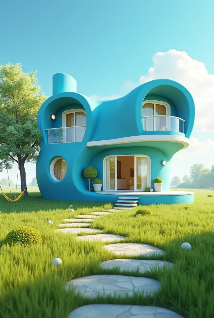 a single-storey house, big fit ass, This house is not made of wood, at the field, painted blue with white doors and windows, an L-shaped balcony, low money on the ground with a stone path, yellow swing nets 