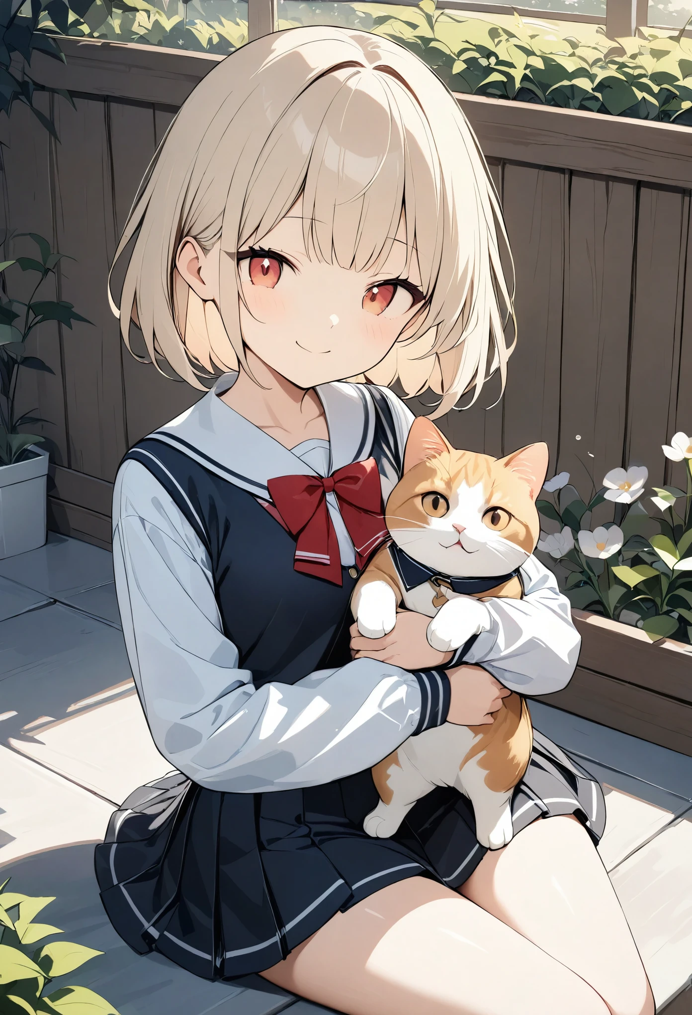 Light color、((Amazingly absurd)),(masterpiece:1.2),超High resolution, Attention to detail, high quality, High resolution, 最high quality, 4K, 8k、Wink,boyish、Very Short Hair、high school girl、garden、Cuddle the cat