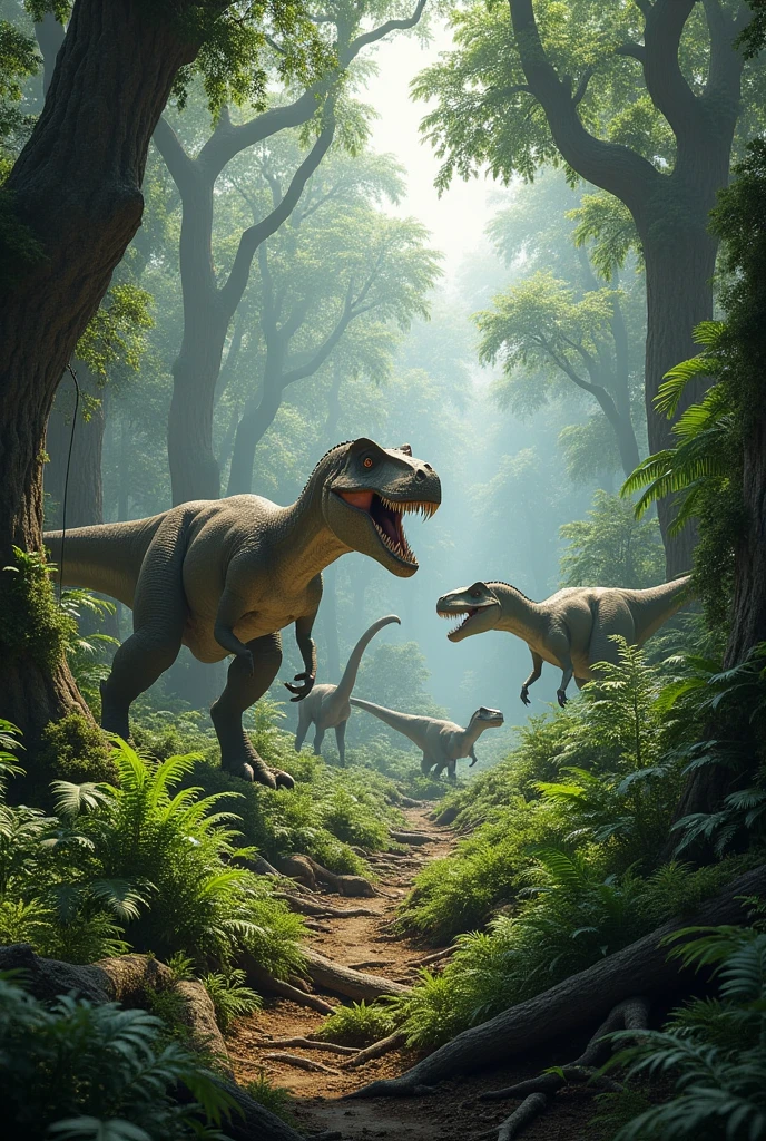 Several dinosaurs in a forest 