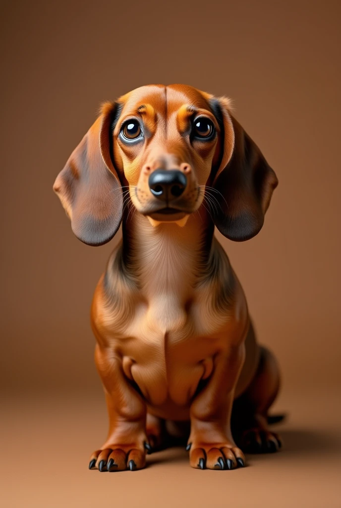 a beautiful dachshund dog, brown, she is a little chubby, sitting facing forward, isolated on a brown background
