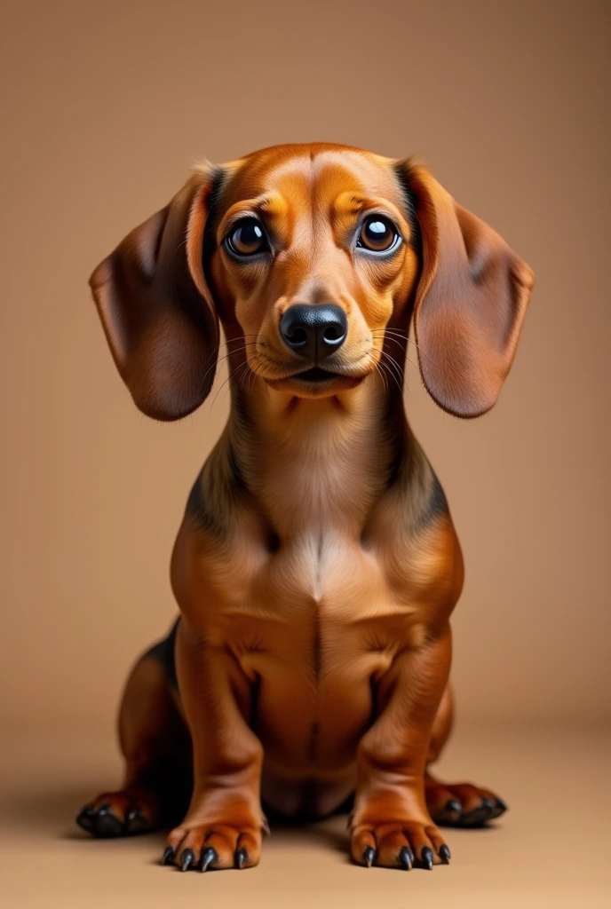 a beautiful dachshund dog, brown, she is a little chubby, sitting facing forward, isolated on a brown background