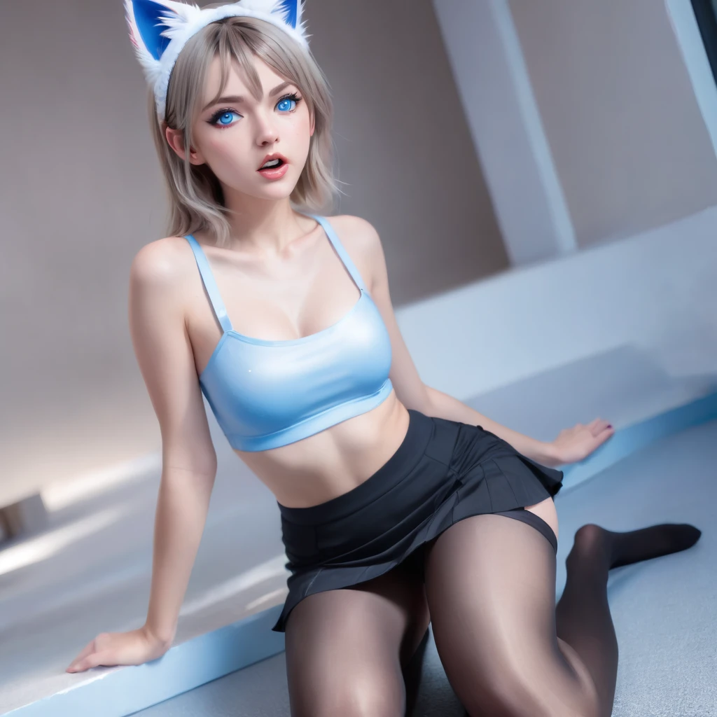 A cute girl in a mini skirt and crop top, wearing black tights and blue shoes, with blue eyes, looking sweaty and sexual, hot and alluring, wearing cat ears, with a slim, petite body, making an ahegao expression, covered in cum, ultra realistic design, 4k