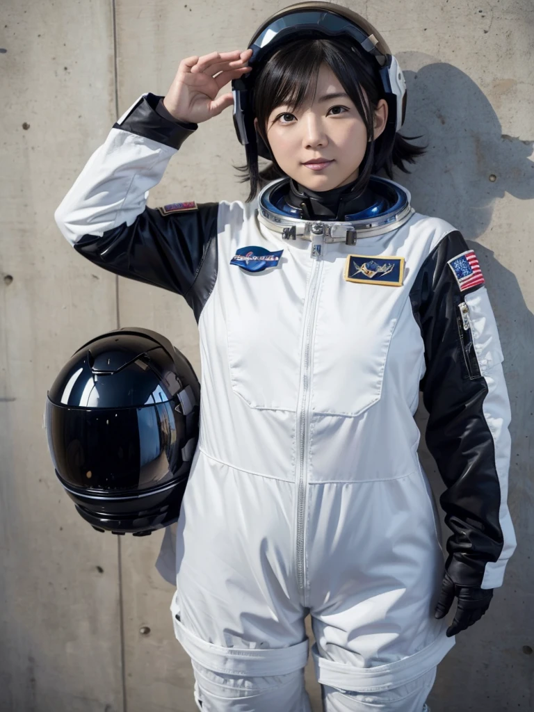 Japanese female astronaut,Black Hair,Spaceship,It is completely secured to the wall with sturdy straps,Wearing a helmet,Plump,Slightly thicker,