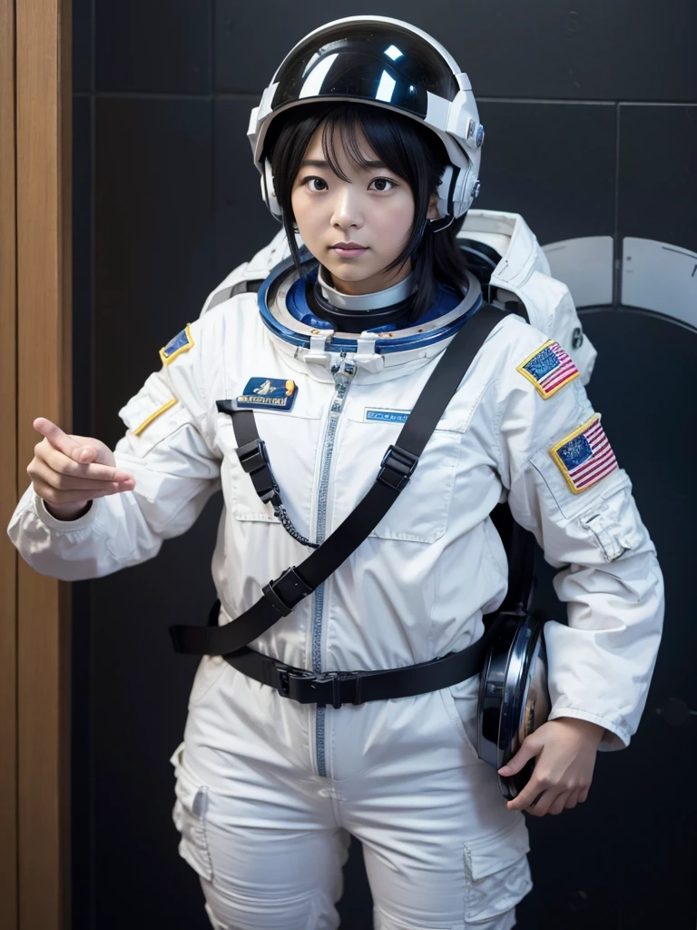 Japanese female astronaut,Black Hair,Spaceship,It is completely secured to the wall with sturdy straps,Wearing a helmet,Plump,Slightly thicker,