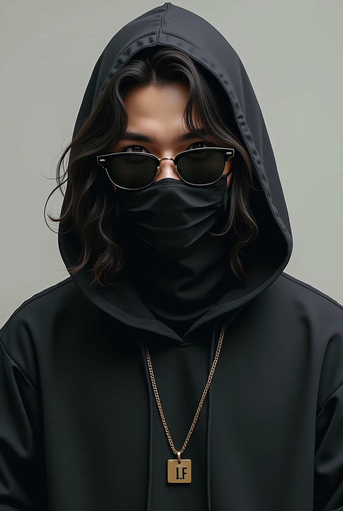 Young man with a hood wearing a black sweatshirt, sunglasses, a face mask, a smile, long hair, and a chain that says L.f