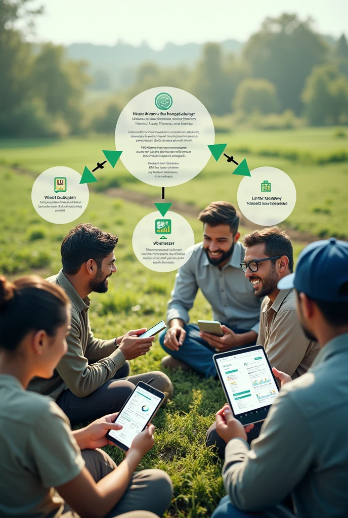 Image Description:
Background:
Rural field: The background of the image is a typical agricultural field with rural landscapes and cultivated areas..
Main Elements:
Rural Extension and Communication:
Consultants and Farmers: A group of rural extension consultants and farmers interacting. Consultants are using tablets or smartphones, and the farmers are around discussing and showing interest.
WhatsApp Element:
Chats do WhatsApp: Add WhatsApp chat bubbles, where a conversation might be taking place between a consultant and a farmer. Show messages about agricultural recommendations, questions and answers. Use typical WhatsApp icons and fictional dialogues related to agriculture.
Canvas from URL (https://new.emater.df.gov.br):
Interface do Site: Show a computer or tablet screen with the Emater website interface (or a similar representation). Include visible website elements, as navigation menus, service icons and data charts.
flowchart:
Position: Centered or to the side of the image.
Componentes do flowchart:
top: “Needs Consultation” (interactions on WhatsApp or on the Emater website)
data collect: Setas levando a um bloco que representa “data collect” (information provided by farmers)
AI processing: Arrows for “AI Processing” (a digital brain icon)
Recommendation Generation: Setas para “Recommendation Generation” (information and technical advice generated)
Communication of Results: Setas para “Communication of Results” (WhatsApp messages and website interface updates)
Implementation: Setas que levam a “Implementation” (farmers applying recommendations)
Feedback: Setas voltando para “data collect” (representing the continuous cycle of feedback and adjustments)
Additional Detail:
Icons and graphics: Use icons to represent each step of the flowchart, such as a message icon for communication and a chart icon for data analysis.
Visual Integration: The flowchart arrows