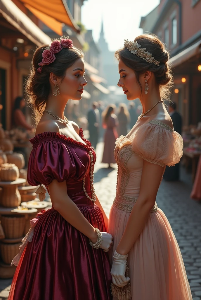 Two women selling period clothing looking at each other.