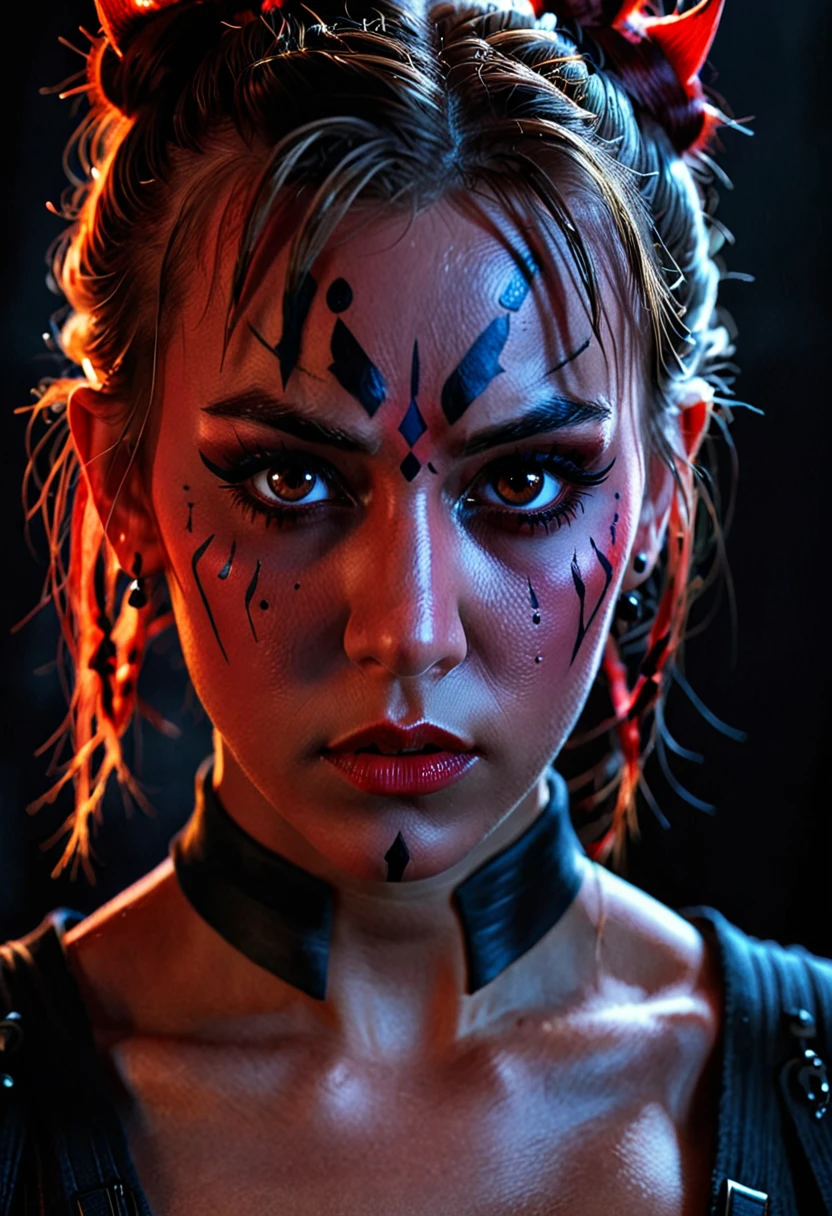 A skinny fit 1 girl, beautiful detailed eyes, beautiful detailed lips, extremely detailed eyes and face, long eyelashes, serious expression, flat chest, Darth Maul inspired, dark side, dark blurred background, dramatic lighting, cinematic, high contrast, moody, chiaroscuro, digital painting, concept art, matte painting, photorealistic, 8k, best quality, masterpiece