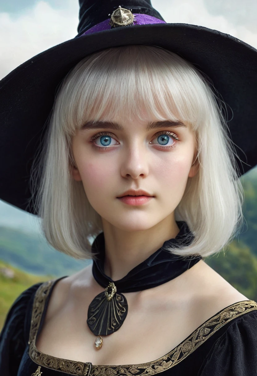 (masterpiece), (Artwork), (great work), (Detailed eyes), (Delicate skin), (heterochromatic eyes), (Multicolor), (Short white hair with bangs), (Sparkling eyes), (One girl) Wearing a witch hat, Ancient, old, Dressed in gorgeous medieval costume, masterpiece, Highest quality, Best Designer, Best illustrations