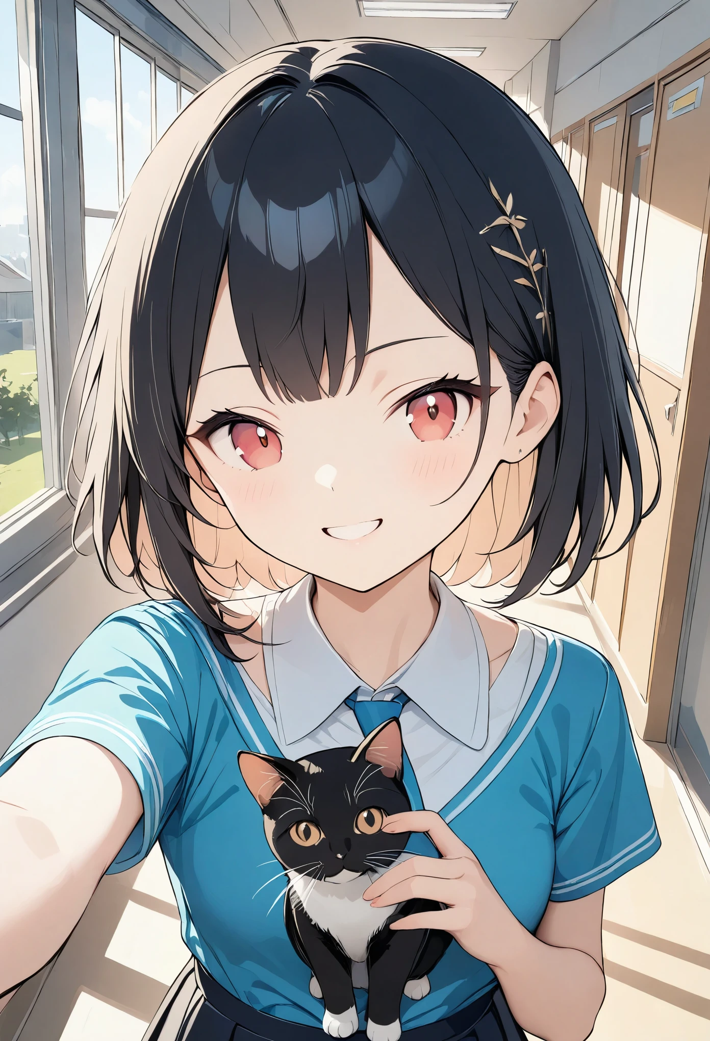 ((Amazingly absurd)),(masterpiece:1.2),超High resolution, Attention to detail, high quality, High resolution, 最high quality, 4K, 8k、Selfie 、Wink,boyish、Very Short Hair、high school girl、School corridor、Take a selfie with a stray cat in the background