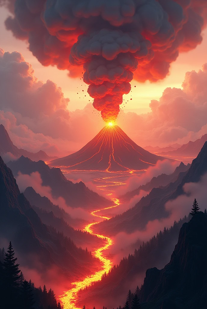 Cut to: An animated sequence of the volcano erupting, with ash clouds and lava flows spreading across the continent]
