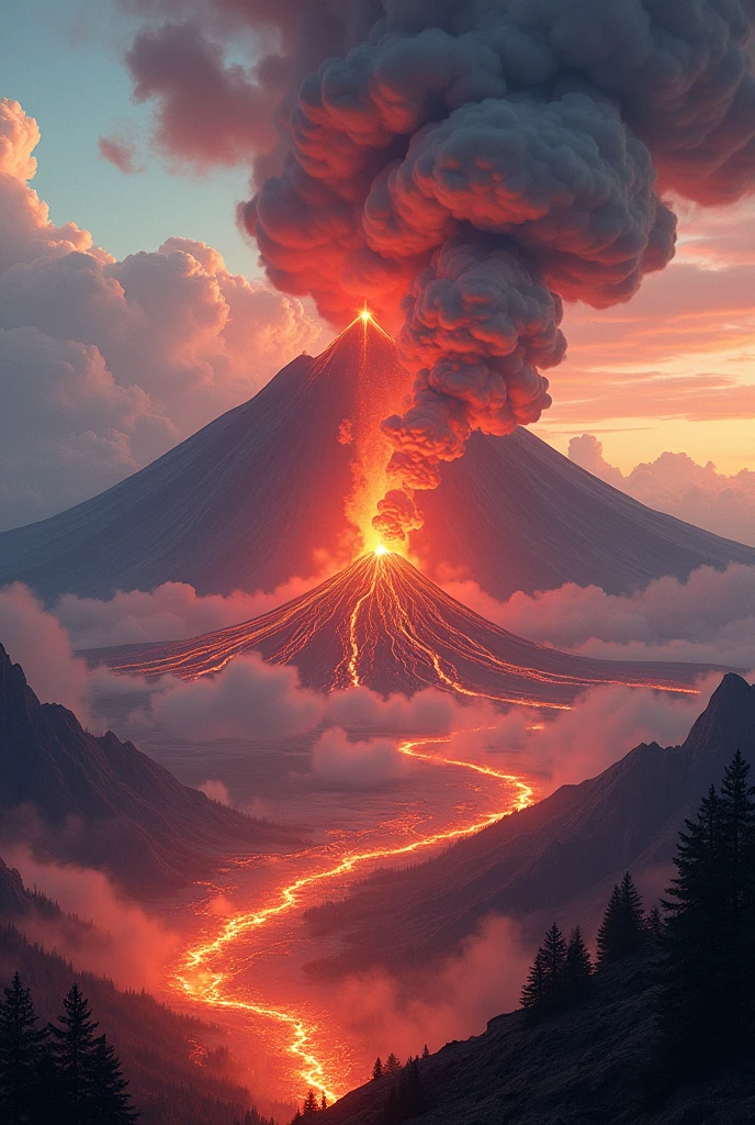 Cut to: An animated sequence of the volcano erupting, with ash clouds and lava flows spreading across the continent]