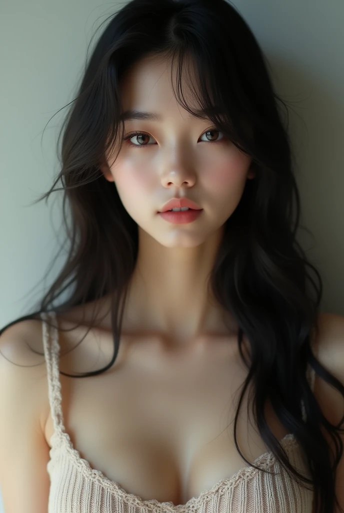 Korean girl, 20 years old, beautiful girl, black hair, straight hair ,1girl, beautiful woman's face, naked , plumpy , looking at viewer