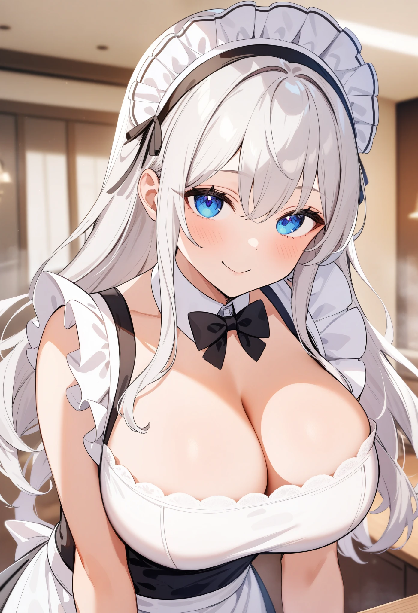 masterpiece, best quality, very aesthetic, absurdres, 1girl, looking at viewer, upper body, silver hair, long hair, eyebrows, tareme, blue eyes, large breasts, cleavage, maid, headdress, apron, detached collar, smile, indoors