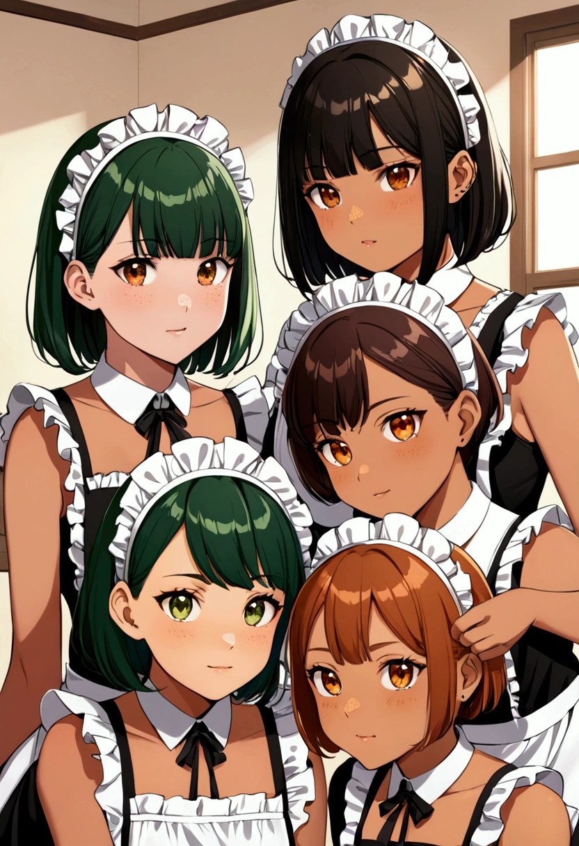4 girls tan skin green dark hair bob cut middle parting freckles buzz cut amber eyes maid