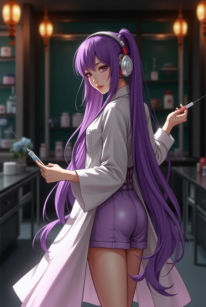 Korean purple hair butterfly woman with headphone scientist outfit with syringe full body perfect body and perfect face of pigtails long hair realistic photo in laboratory