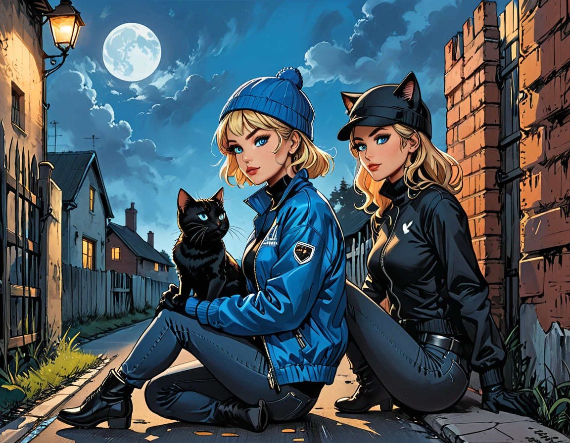 (((night))), dark, black cat, 
(((look at each other))), glowing eyes, the cat drinks milk on the road, ((high brick fence)), bottom view, tropics, clouds,  fullbody ((profile)) ((girl in Blue zipped up down winter jacket and black turtleneck )) and (((jeans))) and blue gloves and (((blue winter hat)))) ((sitting on  knee and petting a black cat on the head)) on the road with brick fence, adult, [Nordic], Hourglass elongated fitness body, perfect Olive skin, Oval Face, Long neck, Rounded shoulders, perfect hand, Attached Pointed ears, round forehead, (Short blonde Waves pixie hair), snub nose, Arched eyebrows, ((Monolid blue Eyes)), High Round Narrow cheekbones, Dimpled Cheeks, Rounded Chin, Rounded Jawline, Full nude Lips, (blue eyes), Nude Makeup Look, long eyelashes, long slim fitness legs, graphic style of novel comics, perfect hands, 2d, 8k, hyperrealism, masterpiece, high resolution, best quality, ultra-detailed, super realistic, Hyperrealistic art, high-quality, ultra high res, highest detailed, lot of details, Extremely high-resolution details, incredibly lifelike, colourful, soft cinematic light,