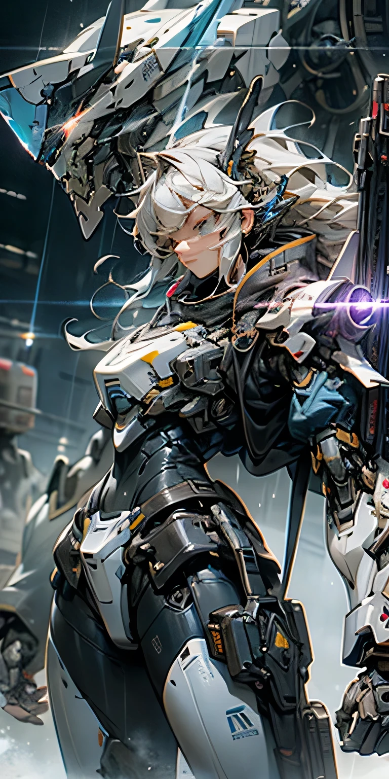 Cool mecha core style,mecha concept art,Dark gray Decepticon,Amazing mecha robots,Exquisitely shining mechanical armor,Transforming future giant robot。Behind the girl is a huge mech machine,The volume of the machine is very large,Seems to be over 10 meters tall。The machine surface has lots of mechanisms and armor,Looks very robust。Girl standing in front of a machine(Confront it head on,To the camera),Blue colored eyes,Long white hair,Thin body type,Semi-machine made body,Laser spandex oil glossy shine emitting pattern。Energy light,Thunderbolt magic,mist, Rain and thunder,Raindrops,Warm colors and cool light,Blue-violet light,detailed,Big Background。