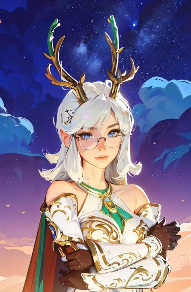 ((Best Quality, 8K, Masterpiece: 1.3)), best quality, ultra high res, texture, hyper realistic, masterpiece, detailed texture, detailed face, detailed skin, detailed lighting, (photorealistic:1.5), best quality, beautiful lighting, cinematic lighting, professional lighting, ultra highres, realistic, a woman with white hair and horns standing in front of a sky, waring one pair of glasses, the goddess artemis smirking, portrait knights of zodiac girl, girl design lush horns, anthropomorphic deer female, anthropomorphic female deer, goddess of the hunt and the moon, inspired in kris from deltarrune, fey queen of the summer forest, avatar image, goddess of the hunt