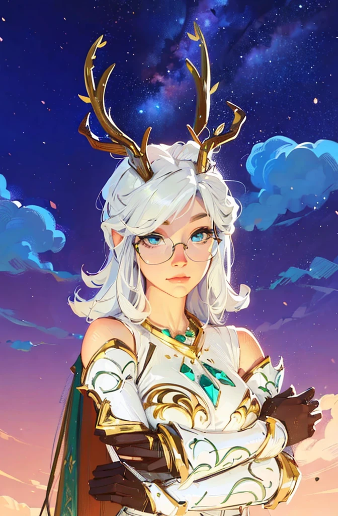 ((Best Quality, 8K, Masterpiece: 1.3)), best quality, ultra high res, texture, hyper realistic, masterpiece, detailed texture, detailed face, detailed skin, detailed lighting, (photorealistic:1.5), best quality, beautiful lighting, cinematic lighting, professional lighting, ultra highres, realistic, a woman with white hair and horns standing in front of a sky, waring one pair of glasses, the goddess artemis smirking, portrait knights of zodiac girl, girl design lush horns, anthropomorphic deer female, anthropomorphic female deer, goddess of the hunt and the moon, inspired in kris from deltarrune, fey queen of the summer forest, avatar image, goddess of the hunt