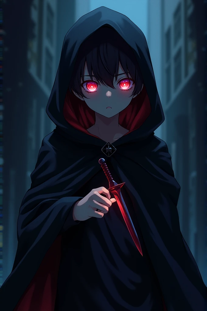 Anime boy with red and blue glowing eyes, in a black cloak holding a small dagger in hands