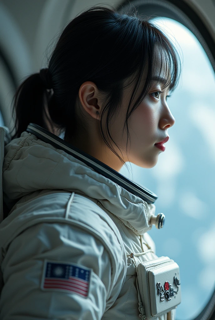 (8k, RAW photo, best quality, masterpiece), (photorealistic), outstanding details, ultra-high resolution, anatomically correct, textured skin, (Extremely precise and accurate anatomy),
(wide lens effect), (outer space), astronaut, extravehicular activity, EVA, weightlessness, zero gravity, spacewalk,
(Cute Japanese girl , 20-year-old), upper body
from side
(dramatic lighting), cinematic lighting,